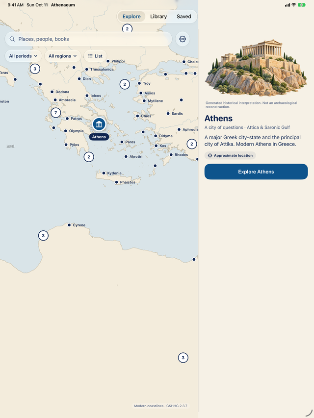 Athenaeum Explore on iPad with a map of the Aegean, named places and an illustrated Athens panel