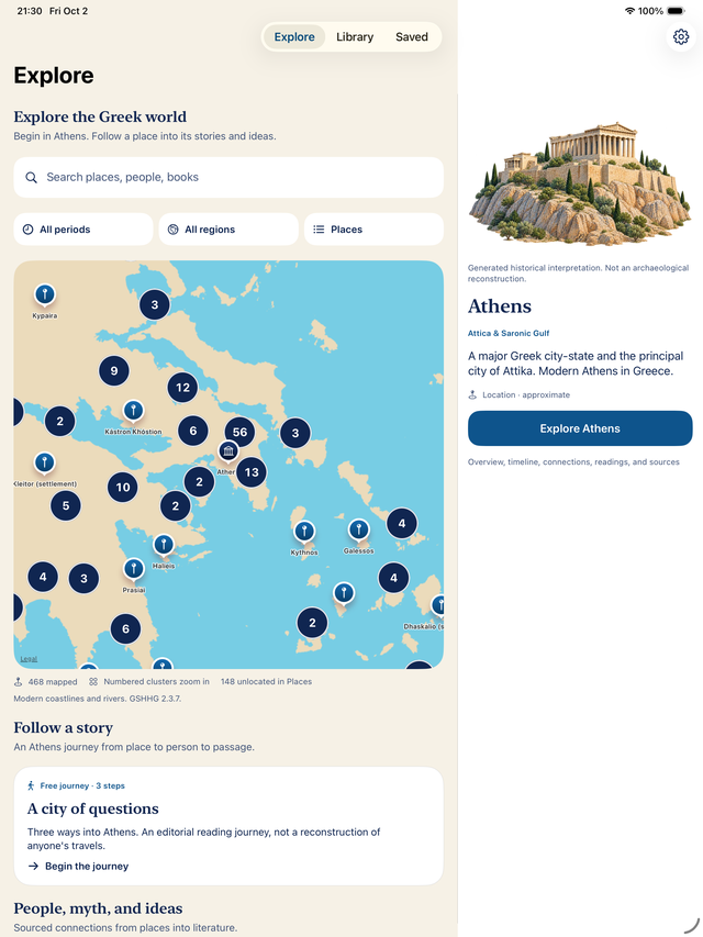 Athenaeum Explore on iPad with the map of the Greek world, place clusters and an illustrated Athens panel