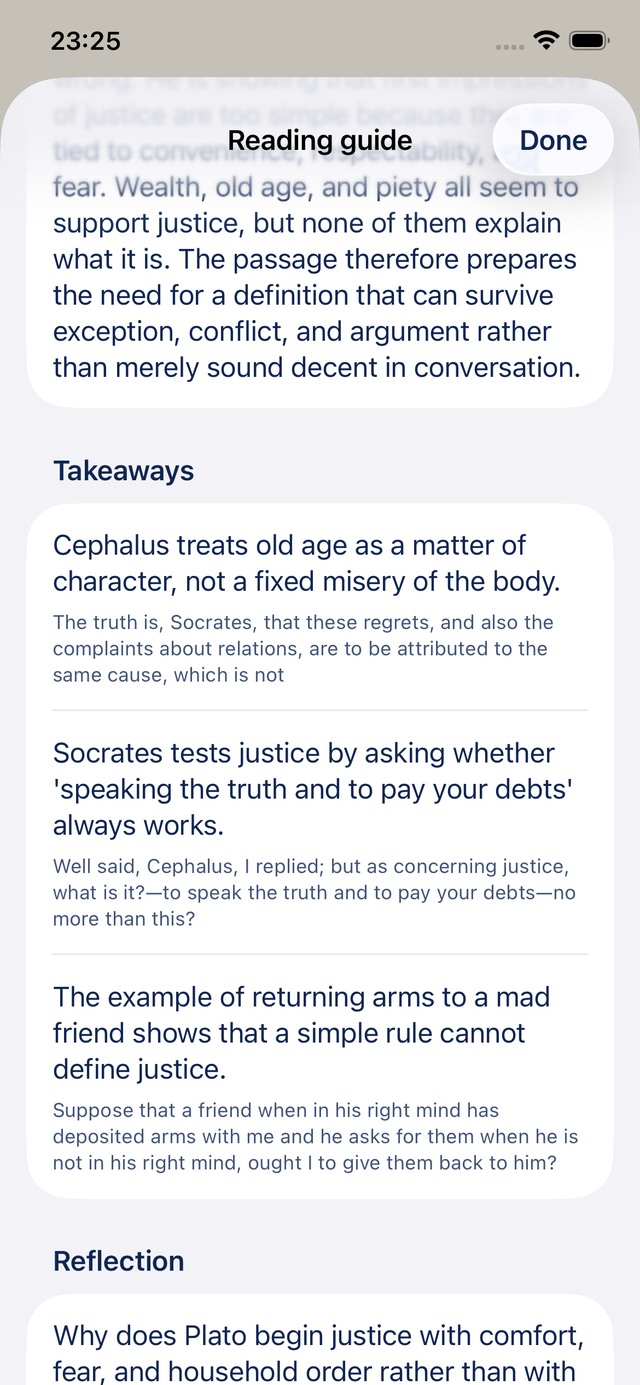 Athenaeum reading guide for The Republic with its takeaways and a reflection question