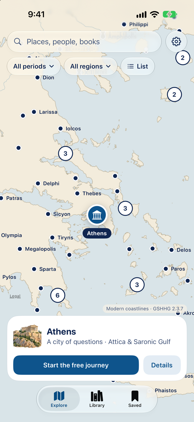 Athenaeum Explore on iPhone with Athens selected on the map and a Start the free journey button