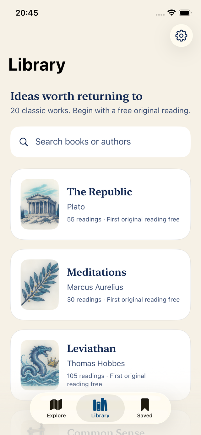 Athenaeum Library with The Republic, Meditations and Leviathan, each showing its reading count and First original reading free
