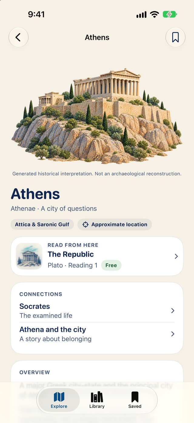 Athenaeum place page for Athens with its illustration, ancient name, location tag, linked Republic reading and connections