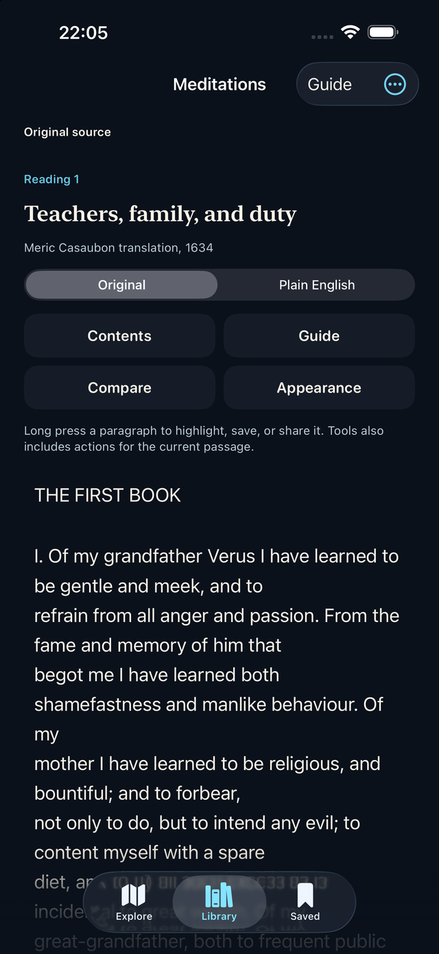 Athenaeum reader showing Meditations in the original text with the Night theme and reading tools