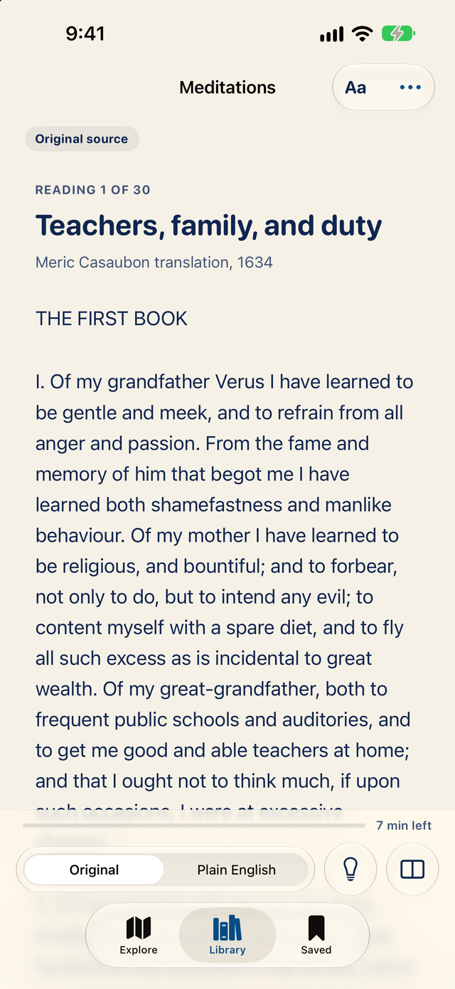Athenaeum reader showing the first reading of Meditations in the original Meric Casaubon translation